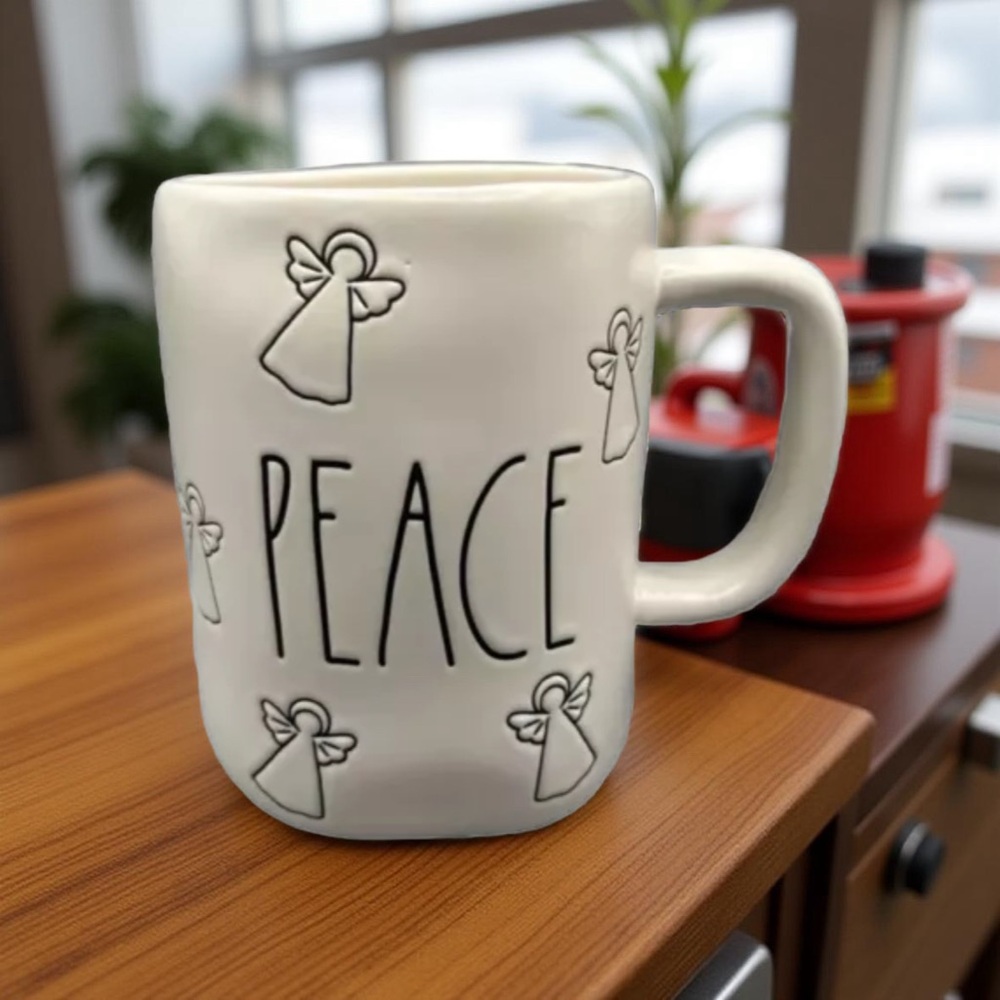 Rae Dunn PEACE Coffee Tea Mug Cup RARE Matte White Christmas Angels Artisan